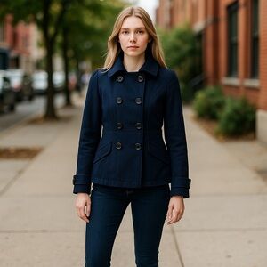 Tulle Navy Blue Three Breasted Hooded Peacoat Medium